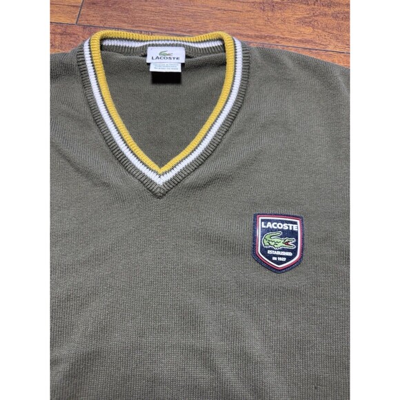 Lacoste Sweater Mens Large 7 Green Crest V Neck Jumper Preppy Pullover - Picture 2 of 5